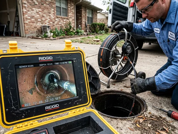 Sewer video camera inspection monitor diagnosing underground pipe damage in San Diego