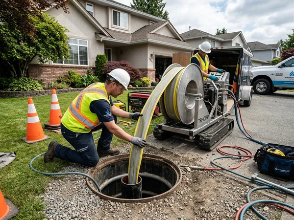 Trenchless pipe lining and CIPP restoration equipment operating in residential yard